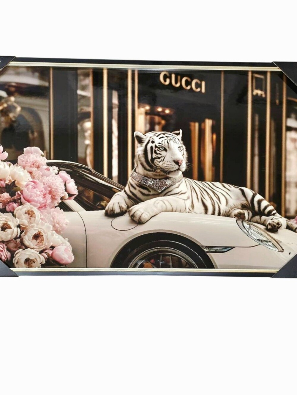 Glossista Embelished Art Gucci White Tiger Luxury Car Framed Wall Decor